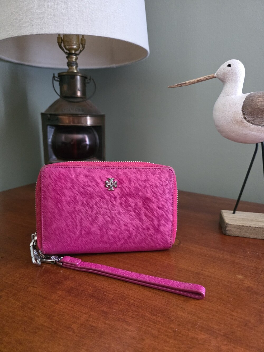 Tory Burch Pink Saffiano Leather Zip Around Wristlet Wallet